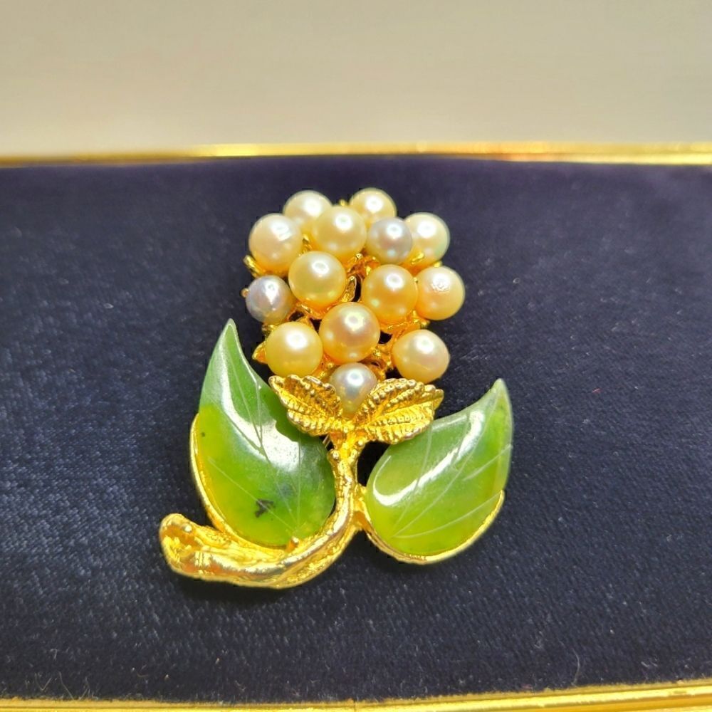 Swoboda Two Colors Pearl and Jade Flower Brooch Signed SWO, INC